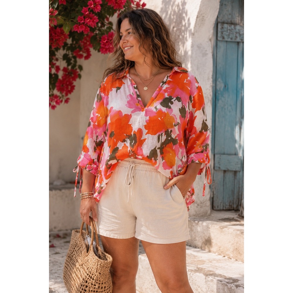 Joie Women 3X Orange Pink Floral 100% Linen V-Neck Side Tie Blouse Top‎